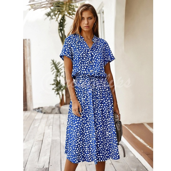 Blue Dress All Over Spotted Print Neckline Notched Midi Shirt - Picture 6 of 7